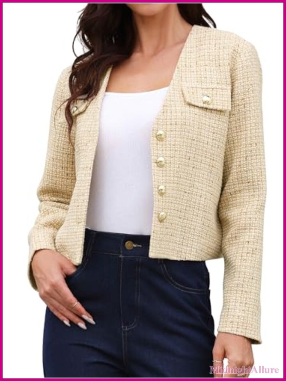 Tweed Cropped Blazer Button Down Collarless Business Casual Jacket